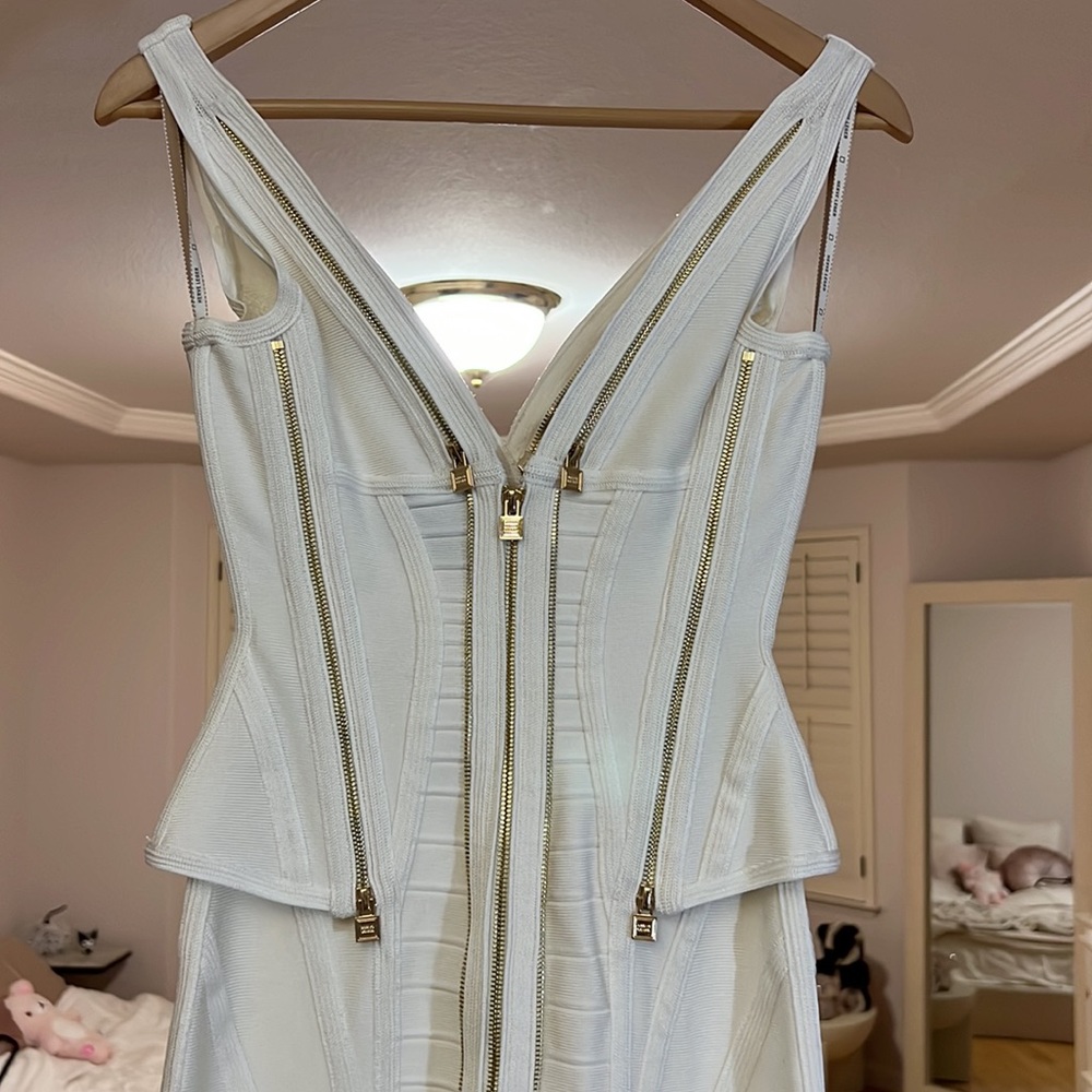 Vintage Herve Leger White Plunge Bandage dress Gold zippers - Picture 4 of 5